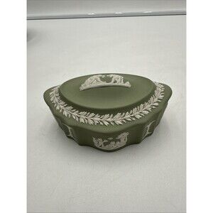 ​Vintage Wedgwood Sage Green Jasperware Oval Trinket Box Cherubs Mid-Century